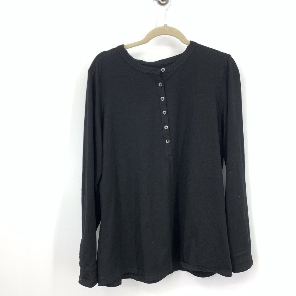 LL Bean Women Size XL Shirt Solid Black Long‎ Sleeve Henley Top Jersey Stretch